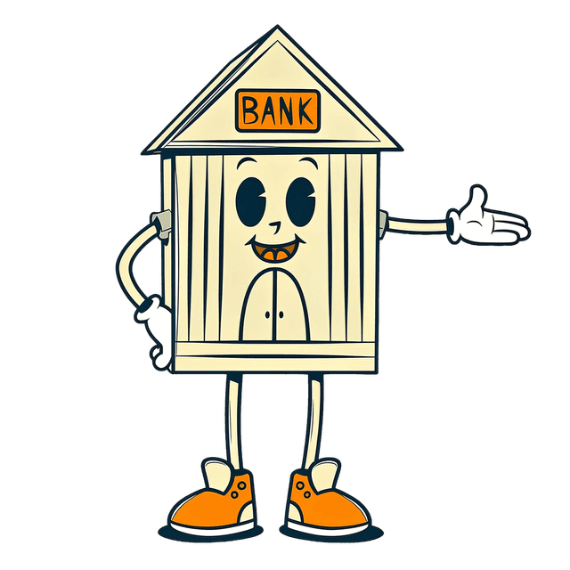 Bank mascot gesturing toward the mission statement
