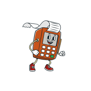 Card machine mascot running with a receipt