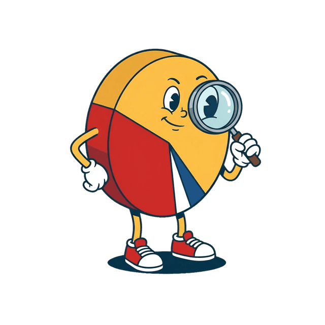 Pie chart mascot examining savings through a magnifying glass