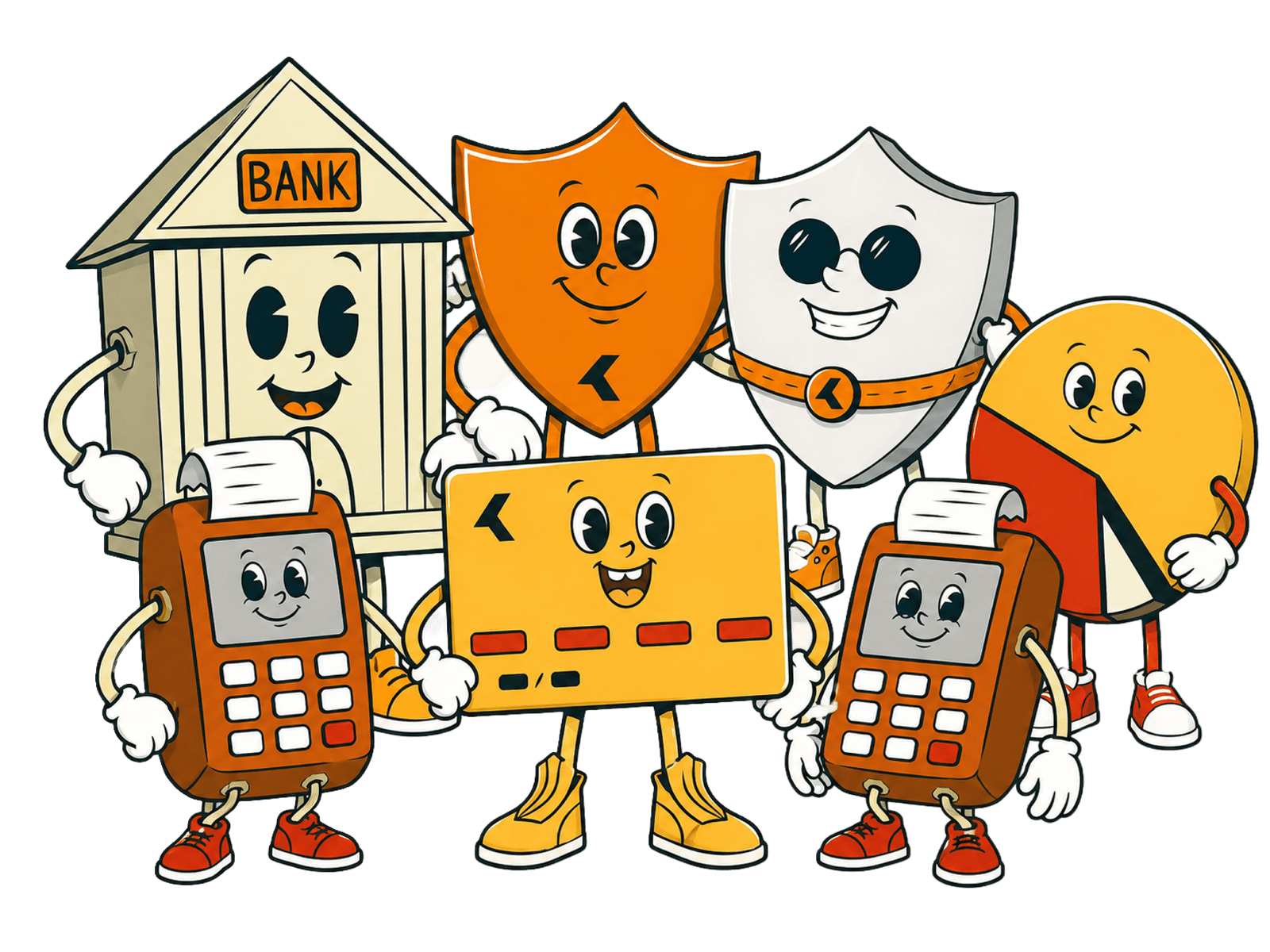The whole Kairos crew — bank, card, shield, pie chart, and card machine mascots standing together