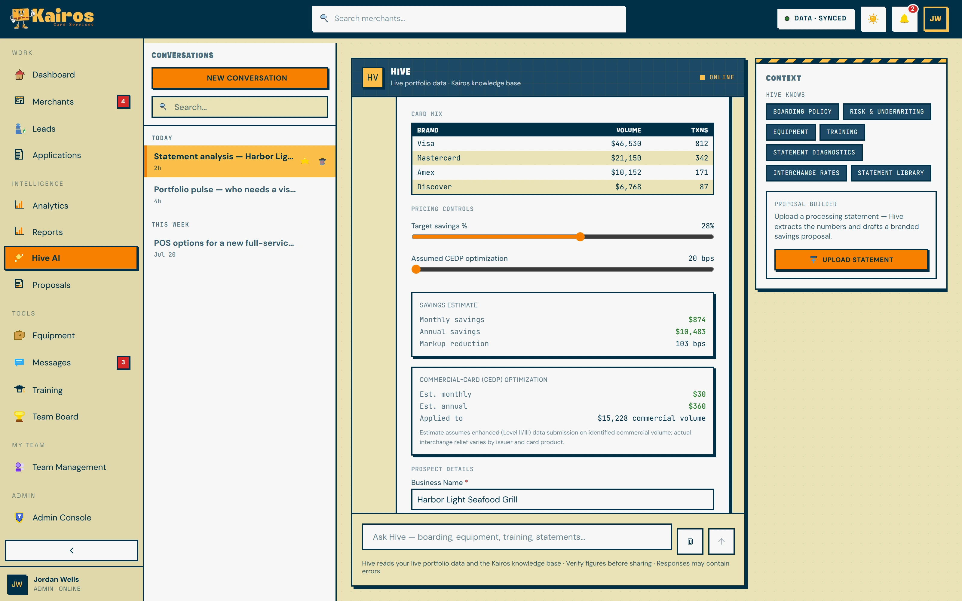 Kairos Hive statement analysis card breaking down fees found on a processing statement