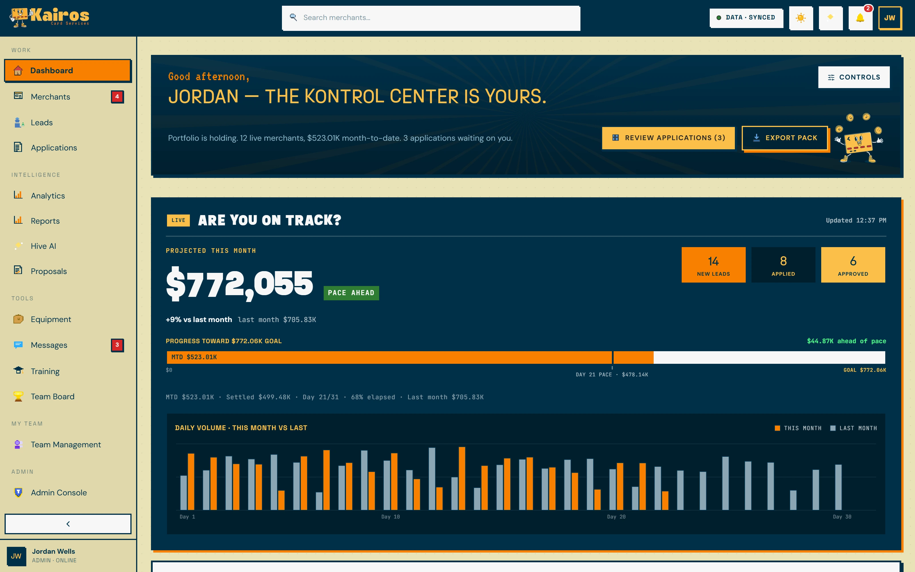 Kairos Kontrol Center dashboard with month-to-date metrics, residuals widget, and alert briefing