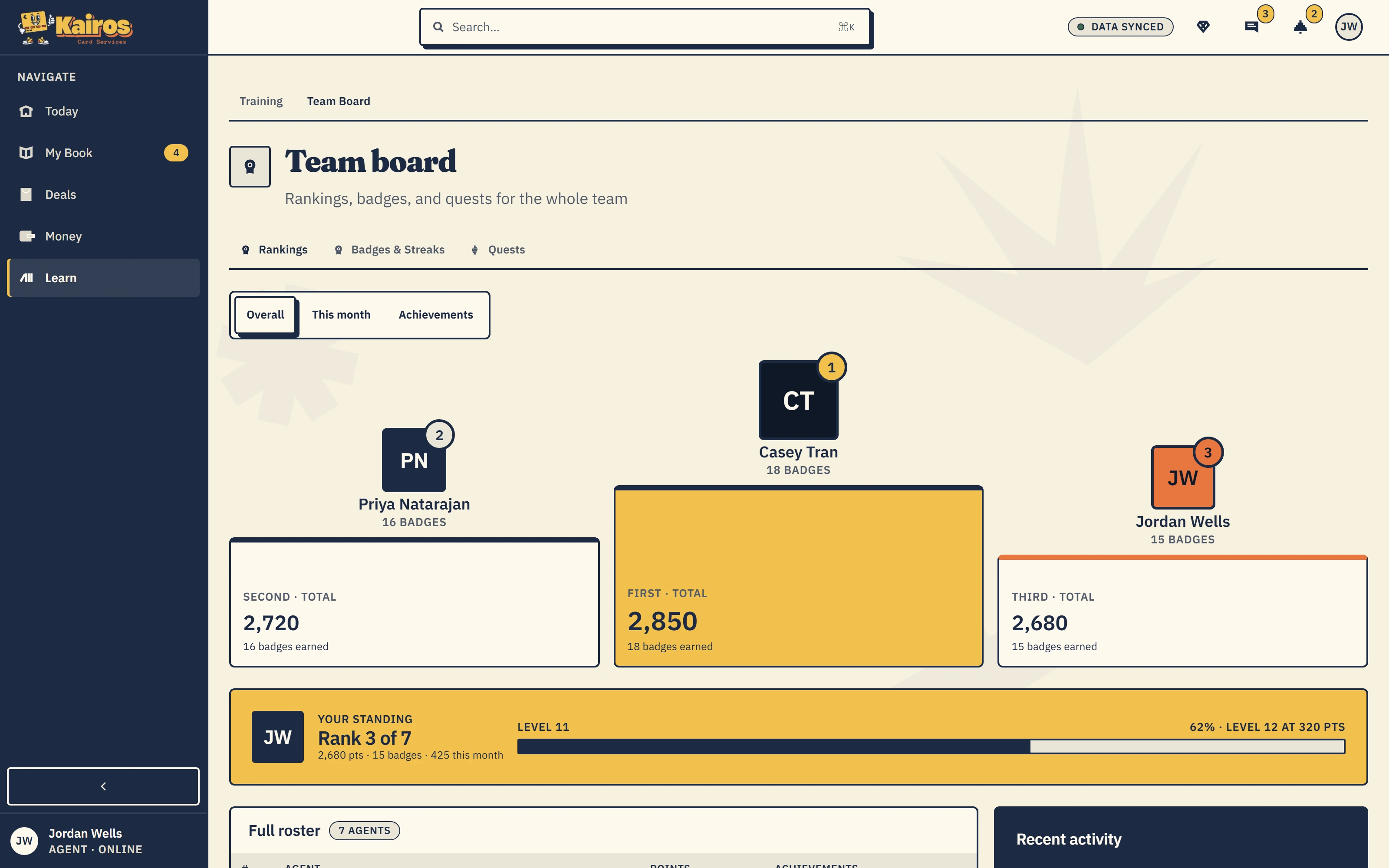 Kontrol Center Team Board with sample agent rankings and points